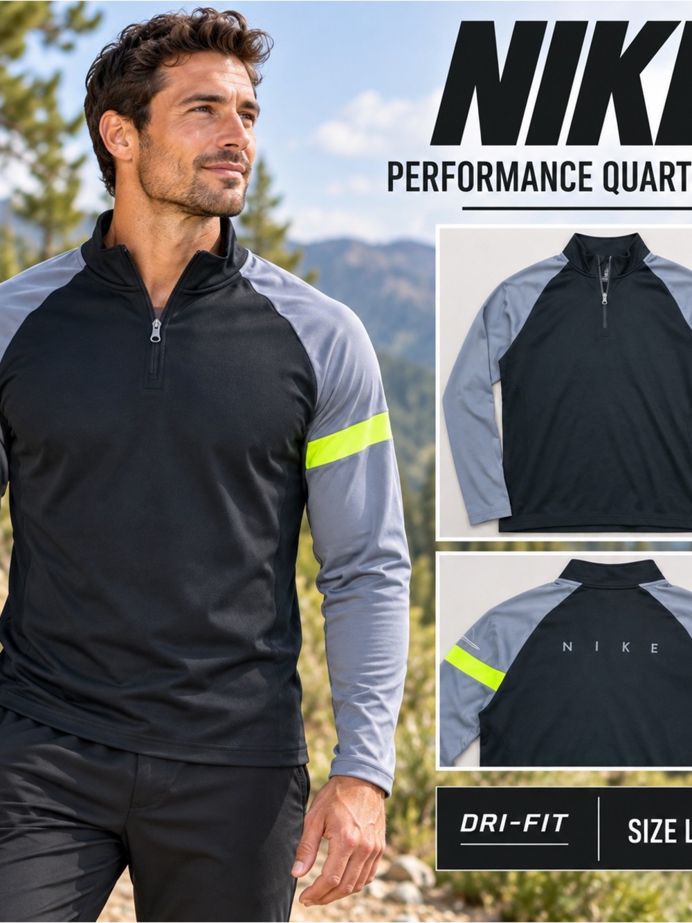 Nike Black Quarter-Zip Pullover with Gray Sleeves Hiking Performance Wear Shirt